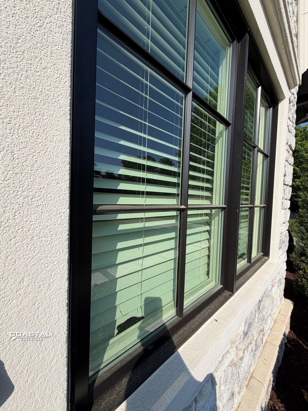 Dark-framed windows cleaned to spotless, clear glass