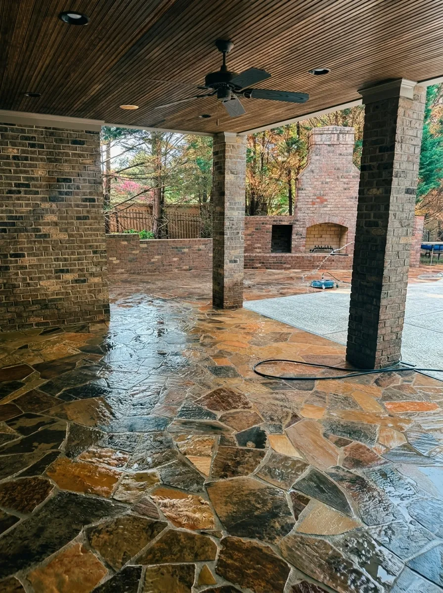 Freshly pressure washed flagstone patio at a Charlotte home