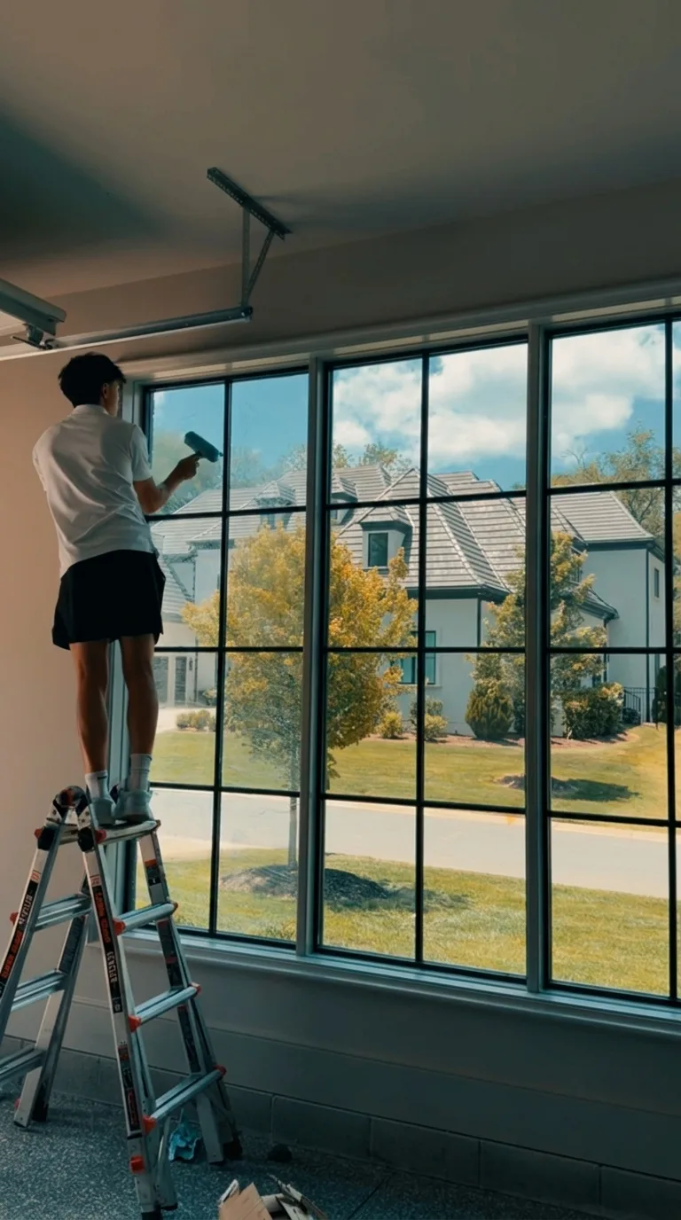 Technician squeegeeing an interior window pane to a streak-free finish