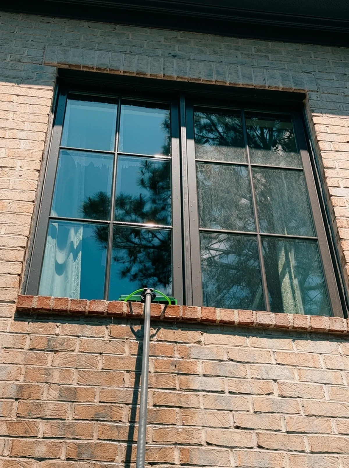 Technician cleaning exterior windows of a Charlotte home with a water-fed pole